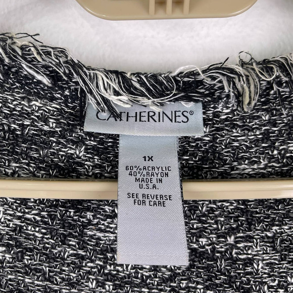 Catherine's Black White Marled Fringed Trim Rayon Blend Cardigan Women's Size 1X - Picture 3 of 6
